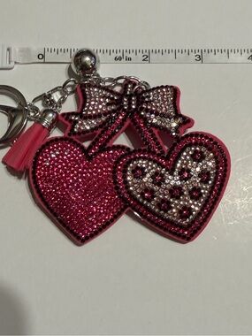 Pink Rhinestone Double Heart Keychain with Tassel